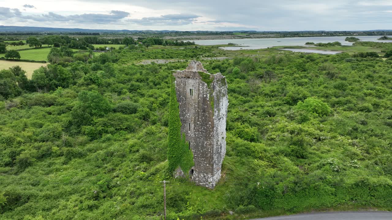 Irish castles Drone flying over ruined romantic Castle on the edge of the barren co.Clare Irish Epic Locations and Landscapes