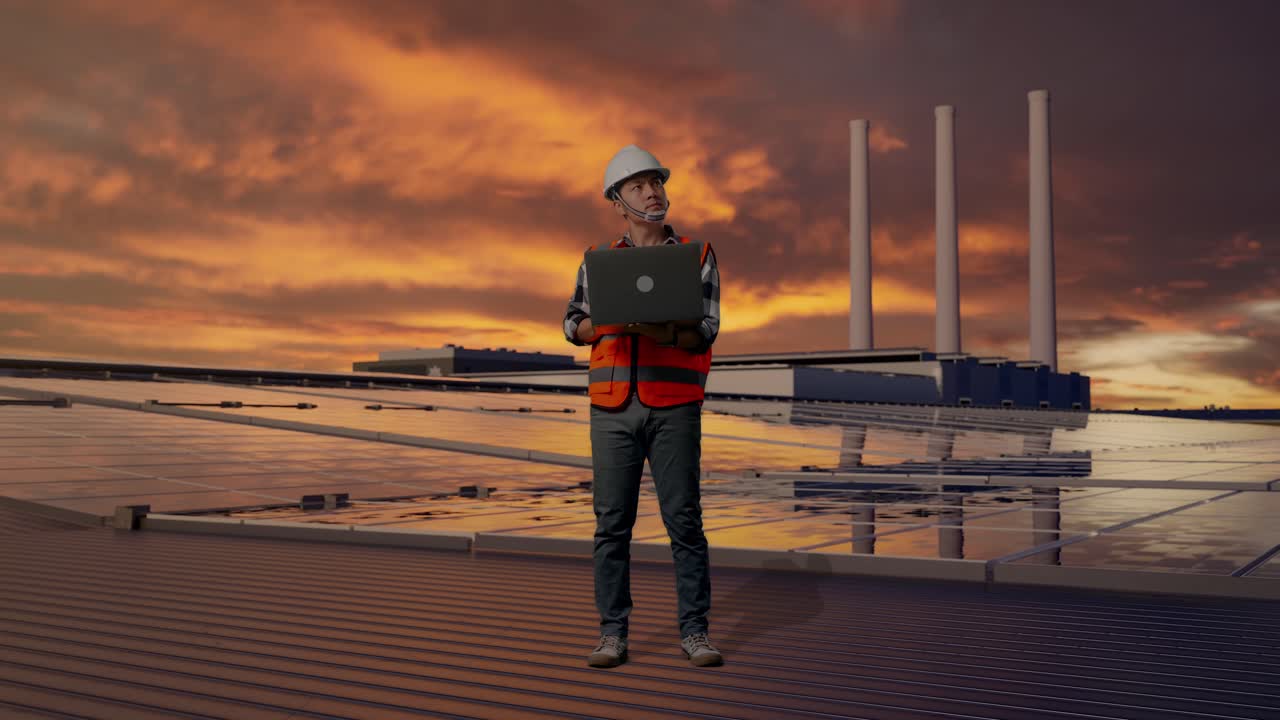 Full Body Of Asian Male Engineer With Safety Helmet Working On A Laptop And Looking Around While Standing, Inspecting Solar Panels on Rooftop at Sunset