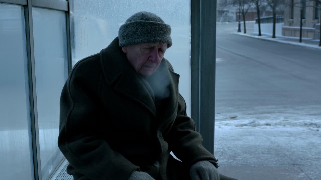 Elderly Man Sitting at a Cold Bus Stop in Winter