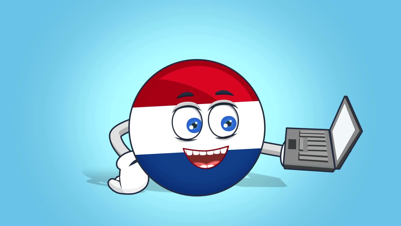 Cartoon-Symbol Flagge Niederlande Holland, Laptop in der Hand mit Gesichtsanimation und Alpha-Maske