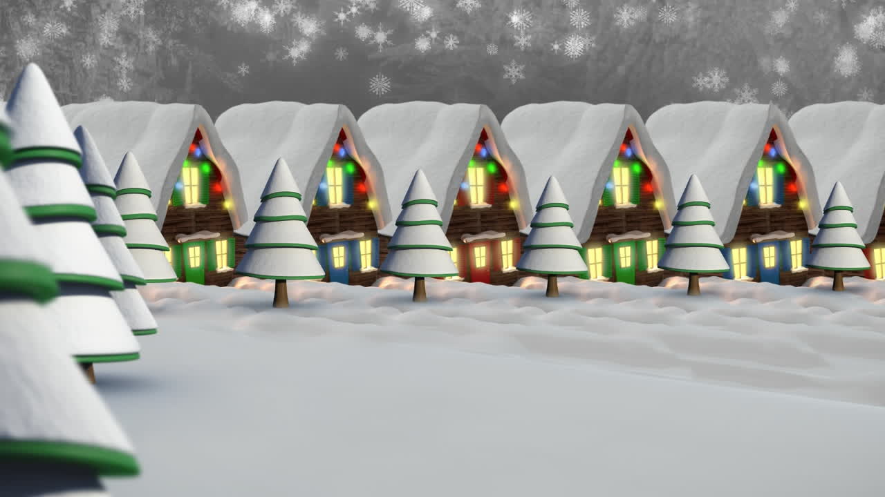 요정의 불빛으로 집 위에 내리는 눈의 애니메이션