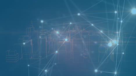 Animation-of-network-of-connections-over-city-on-blue-background