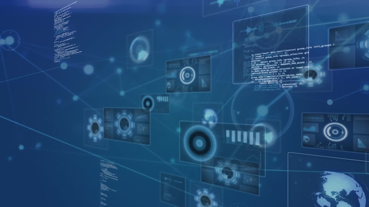 둥근 스캐너를 통해 연결 네트워크의 애니메이션과 파란색 배경의 데이터 처리