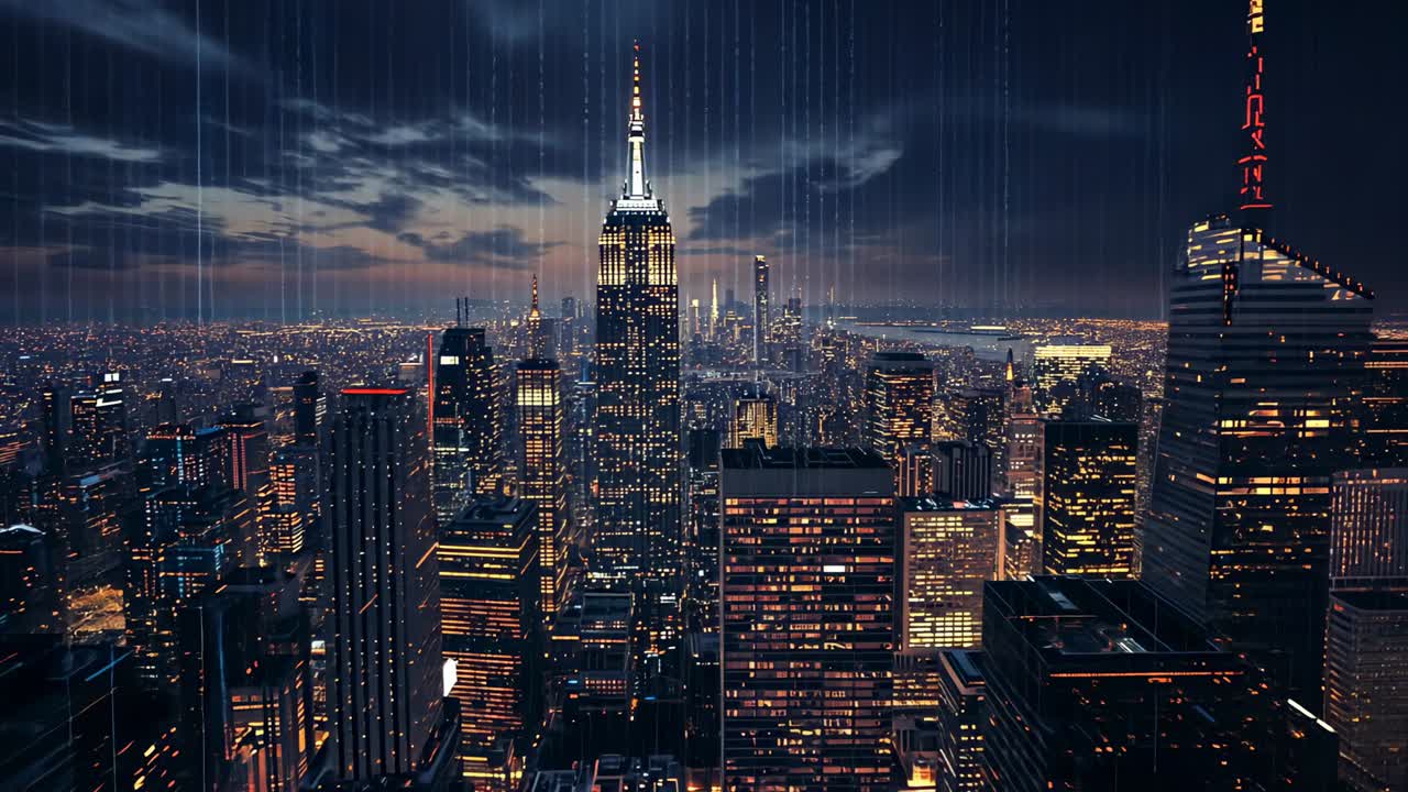 Starting rain streaks falling over Manhattan skyline at dusk, pulsing Empire State Building lights
