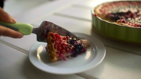 a person slices a piece of dessert and puts it on a plate