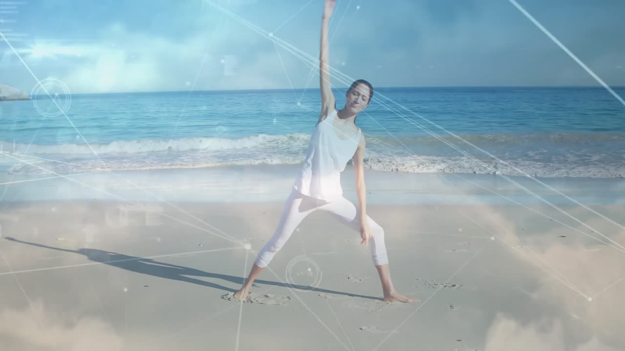 Woman practicing yoga on beach with digital network overlay animation