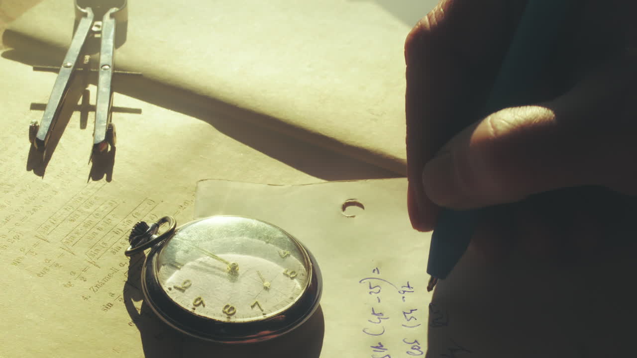 Primo piano di una persona che scrive formule complesse su carta con un compasso di misurazione e un antico orologio da tasca in vista. Focalizzato su precisione e tempo.