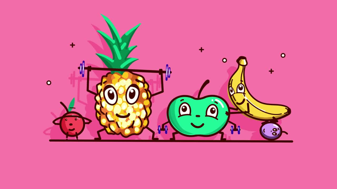 Fruit exercising. Group of fruits working out. Seamless loop.