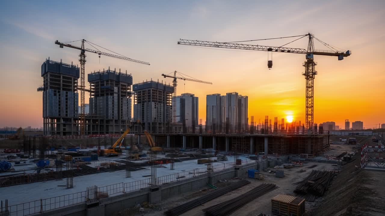 Senja Kemajuan: Mengabadikan Transformasi Konstruksi Urban di Bawah Cahaya Keemasan Matahari Terbenam dengan Derek Menara dan Struktur yang Mulai Hidup