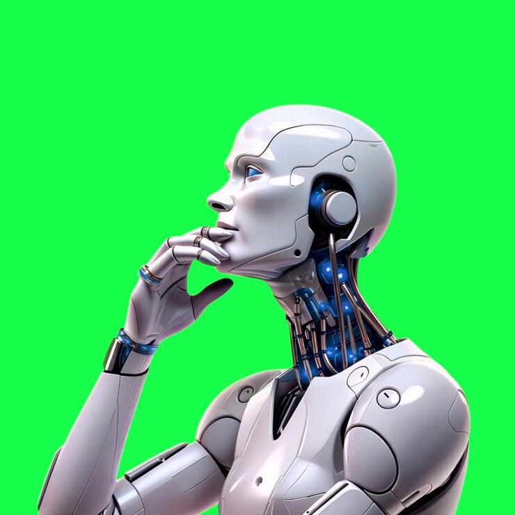 Animazione di un robot futuristico in profonda riflessione, video 4K trasparente, schermo verde.