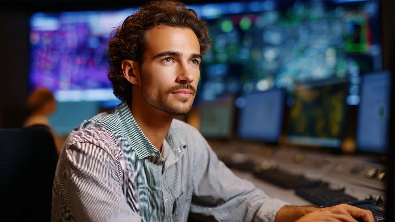 Professionista concentrato che analizza dati su un computer in una sala di controllo con schermi interattivi che mostrano grafiche e informazioni complesse in un ambiente di lavoro moderno