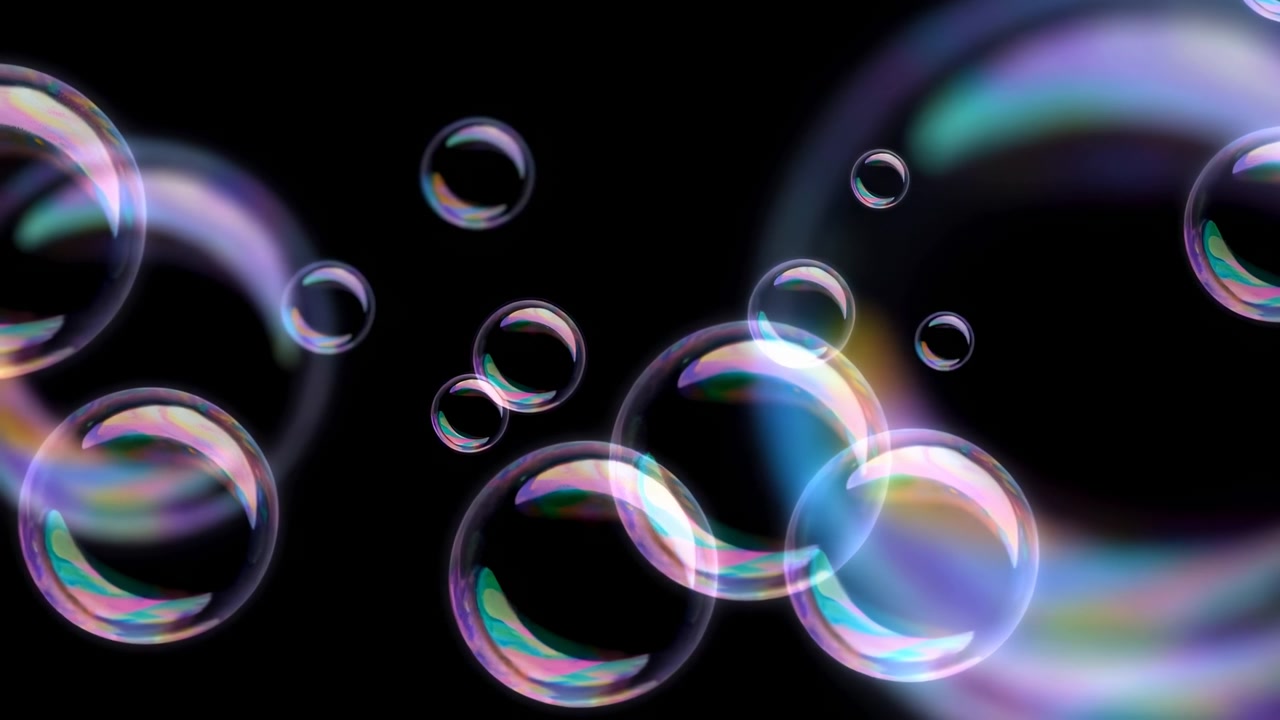 Closeup Iridescent Soap Bubbles Floating Over Deep Black Backdrop, Slowmotion Reflections And Rainbow