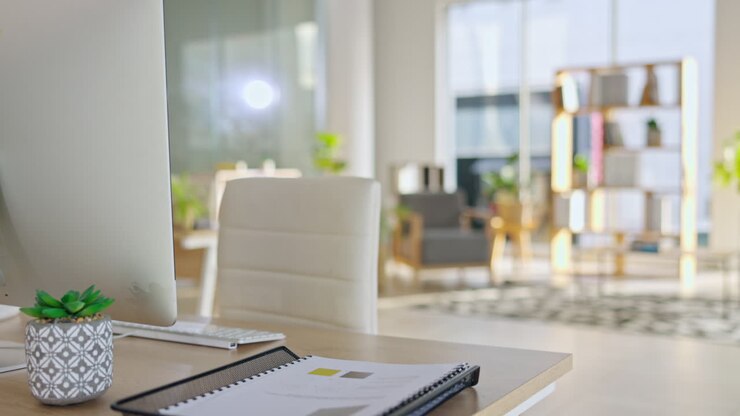 Computer, documents or interior of empty office