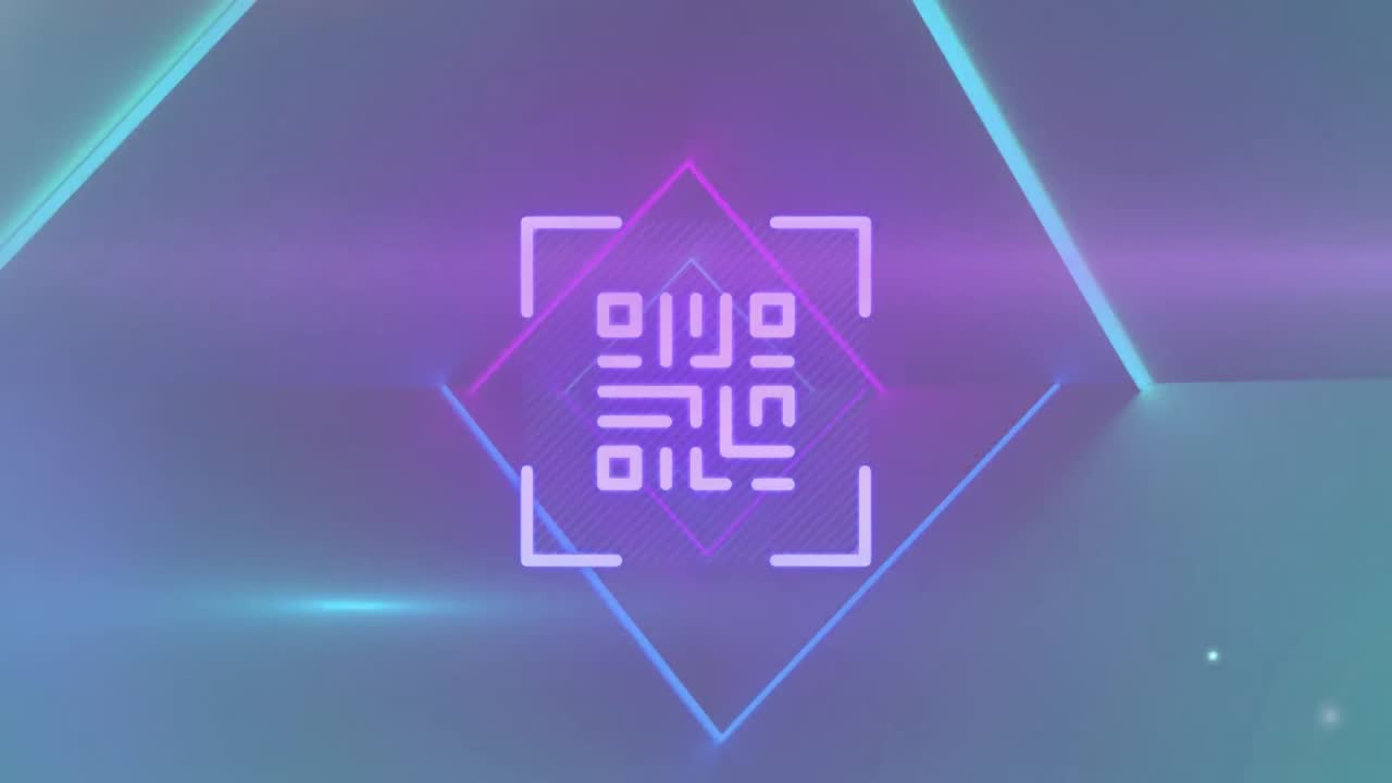 escáner de código qr con elementos de neón contra rastros de luz