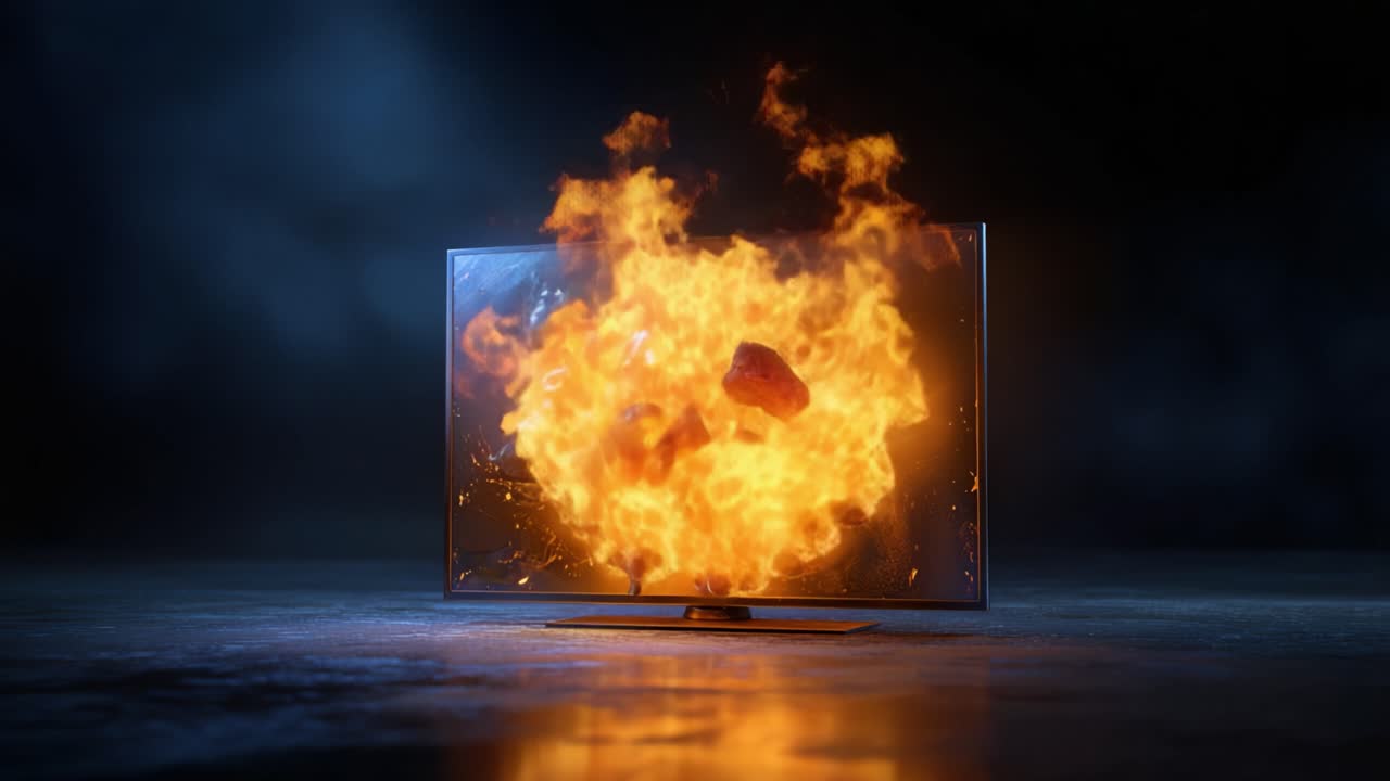 Eksplosive flammer bryder ud fra en tv-skærm med dynamiske ildeffekter og dramatisk belysning i en mørk atmosfære.