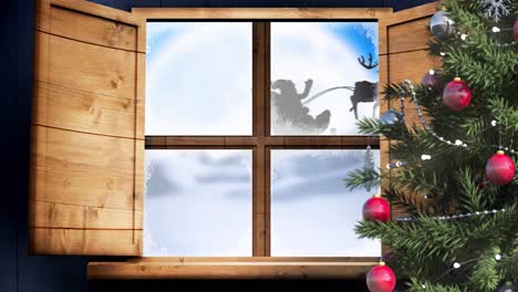 Animation of santa claus in sleigh with reindeer seen through window and christmas tree