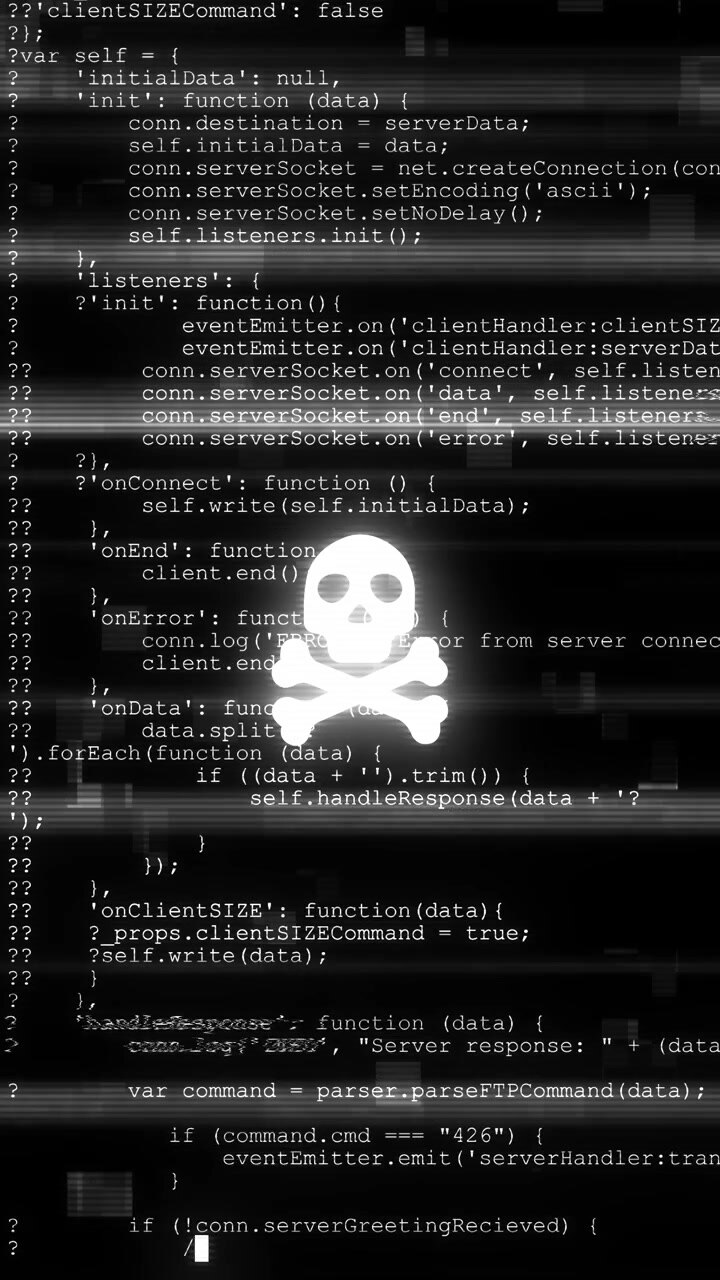 Glitching source code luminous danger dark screen hostile software digital risk ransomware alerts