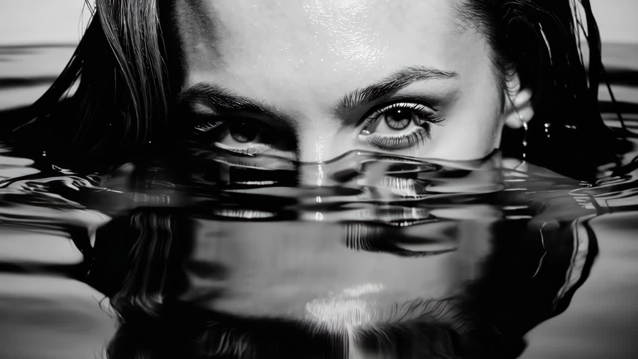 Intense Eyes Partially Submerged in Water (Black and White)