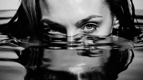 intense eyes partially submerged in water (black and white)