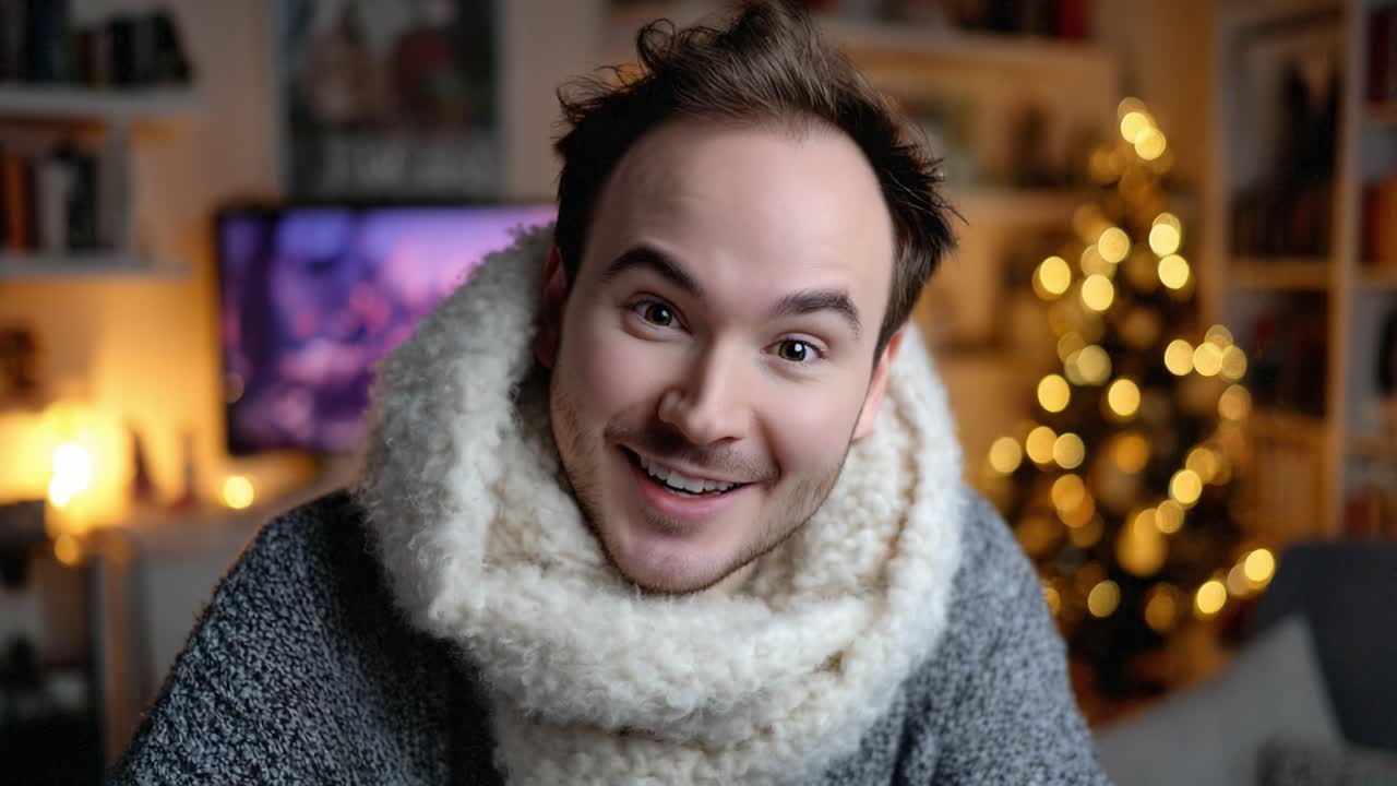 Cheerful young man wearing a cozy scarf, prominently smiling with a festive background of soft bokeh lights from a Christmas tree, embodying warmth and holiday spirit