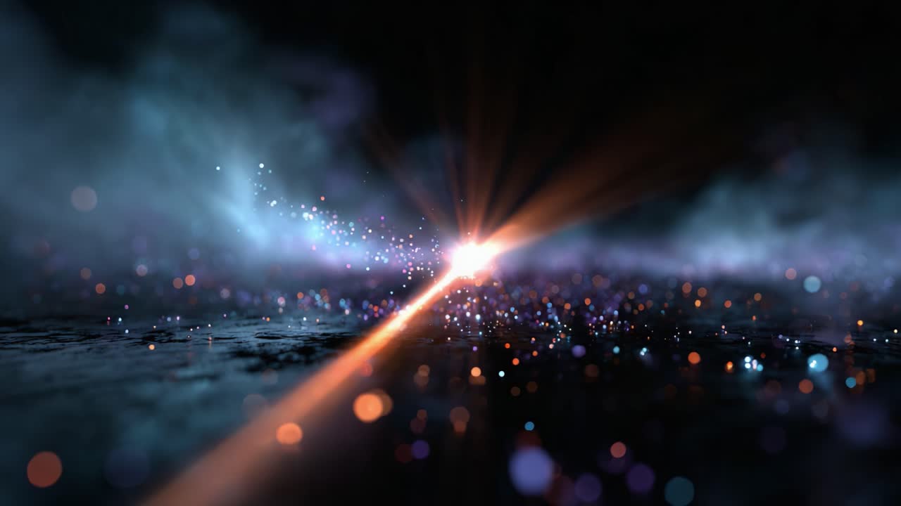 Un viaggio cosmico attraverso luce eterea e particelle scintillanti che illuminano l'oscuro vuoto con colori radiosi ed energia mistica in una splendida visualizzazione astratta