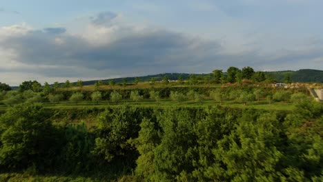 orchard farms at the edge of lake butoniga water reservoir dam in croatia with crops and fruit trees seen, aerial drone flyover shot