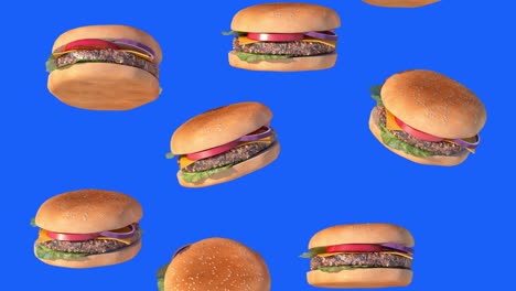 comida hamburguesas lluvia cayendo, animación de hamburgueres 3d render