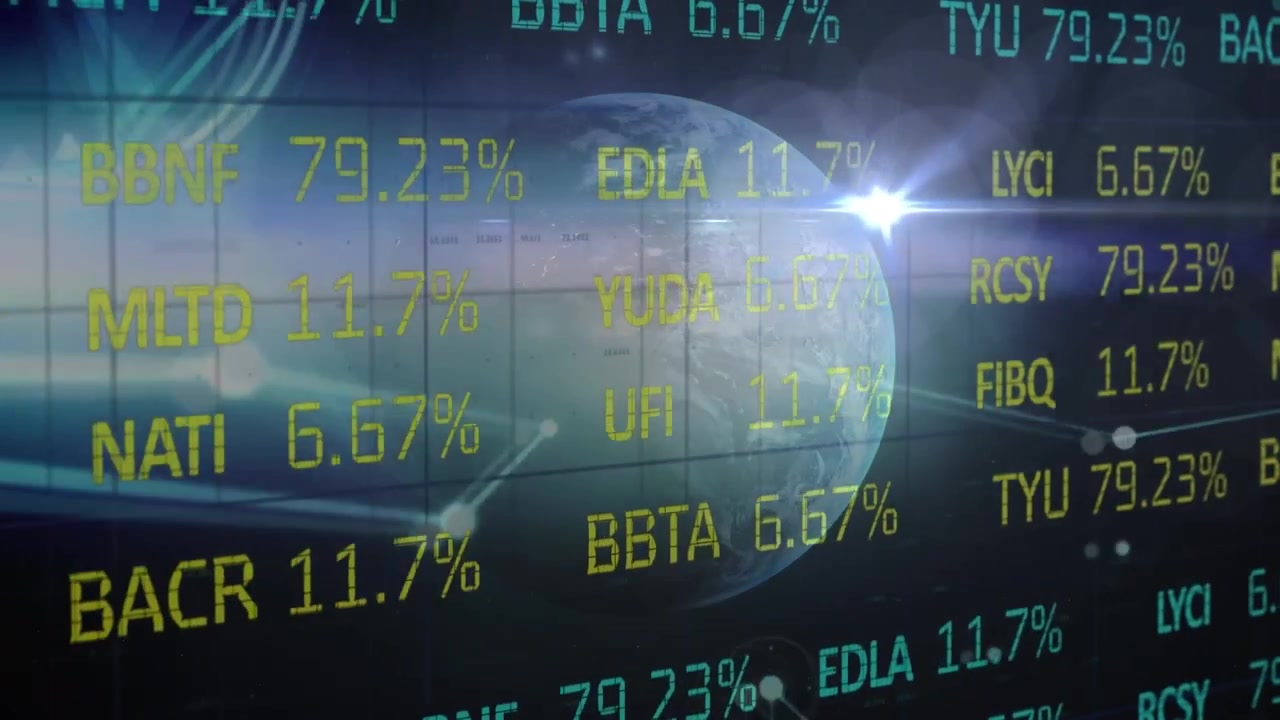 Animation of financial data processing with globe on blue background