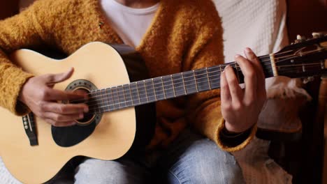 attractive man with long dreadlocks plays the guitar in a cozy living room