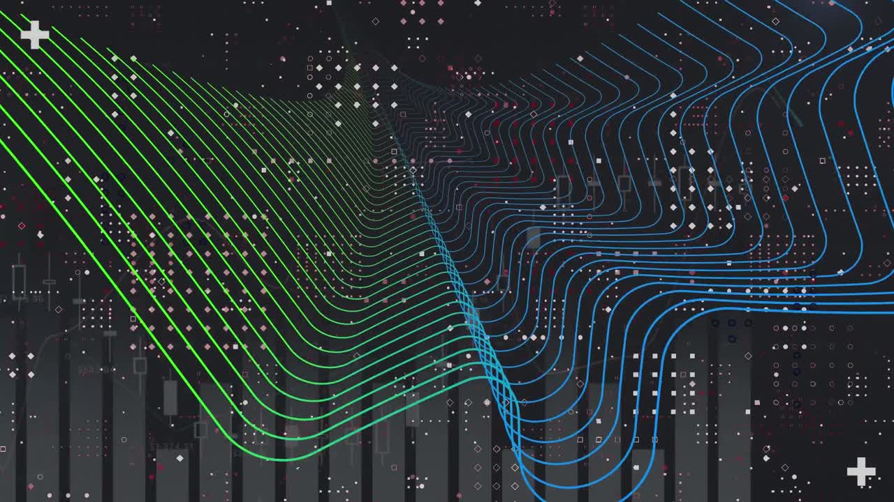 Animation of moving green and blue mesh over computer motherboard