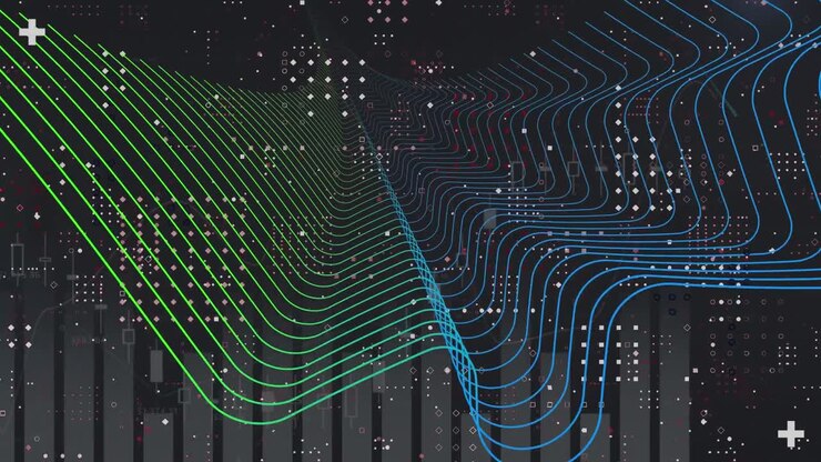 Animation of moving green and blue mesh over computer motherboard