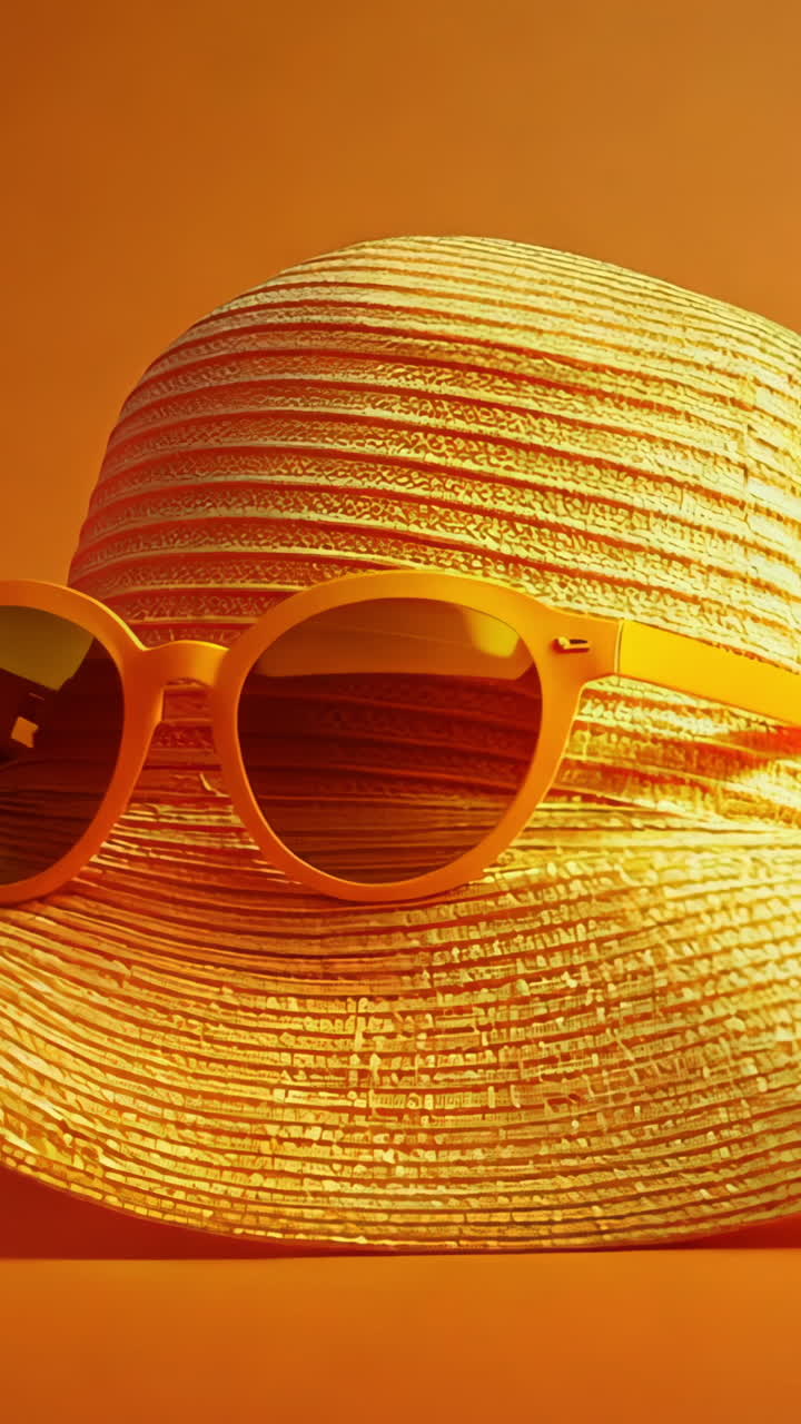 A yellow hat with sunglasses on top of it. The hat is placed on a yellow background. The hat and sunglasses give off a sunny and cheerful vibe