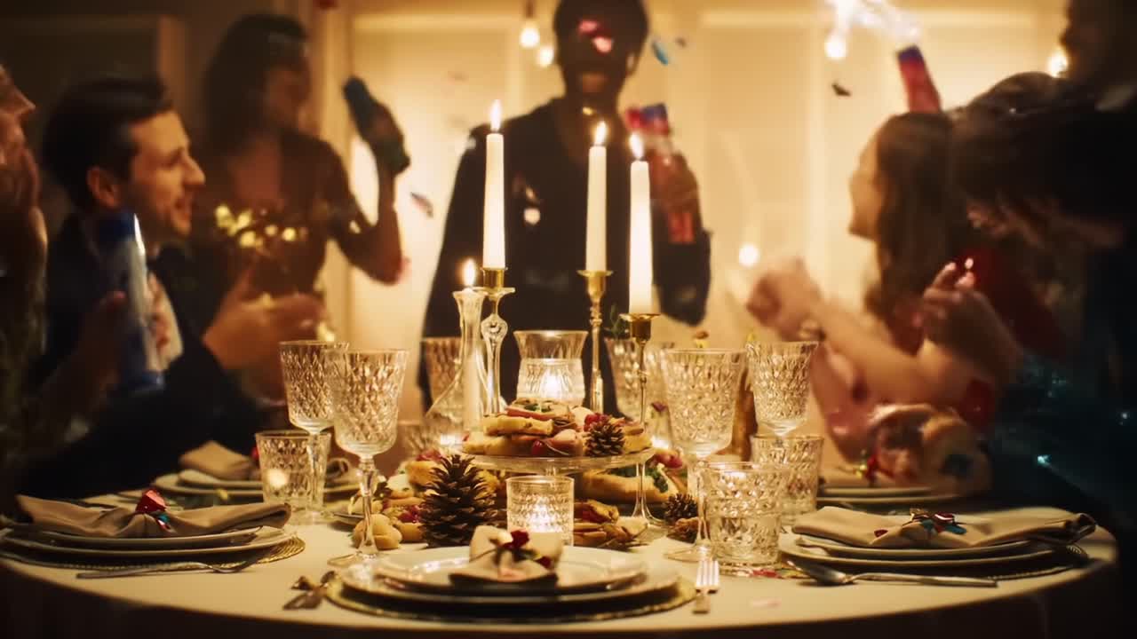 A Joyous Celebration: Friends Gather Around a Festive Table Filled with Treats, Candlelight, and Cheerful Decorations, Creating Memorable Moments of Togetherness and Laughter