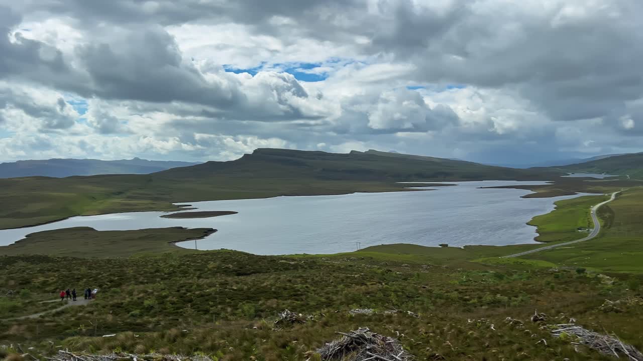 Loch Leathan From The Old Man of Storr On the Isle of Skye in Scotland. - wide pan shot