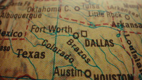 close-up of a vintage map of texas and surrounding states