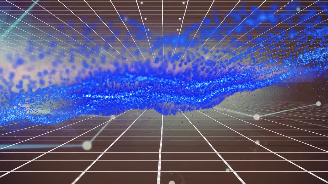 파란색 디지털 파도의 디지털 애니메이션과 연결 네트워크와 그리드 네트워크의 디지털 애니메이션