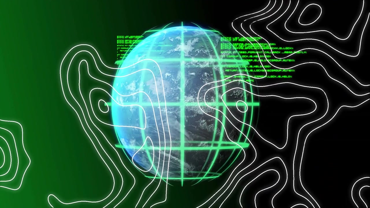 Animation of digital grid and contour lines on globe, representing global network