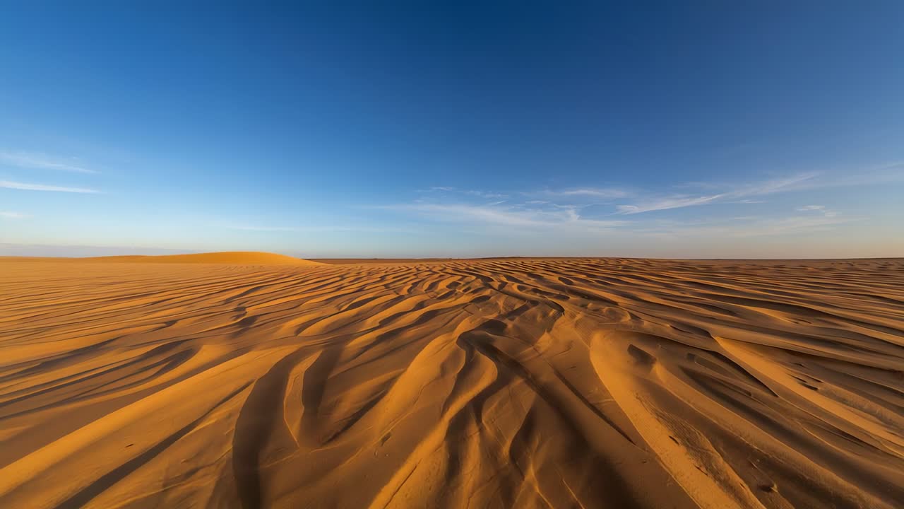 Ripresa aerea con drone ad ampio raggio che si abbassa su un campo di dune al tramonto, mostrando creste ondulate e orizzonte