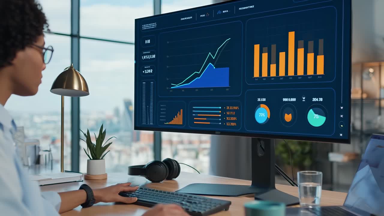 Sidevinkel av en profesjonell som analyserer data på skjermer på et moderne kontor for en video.