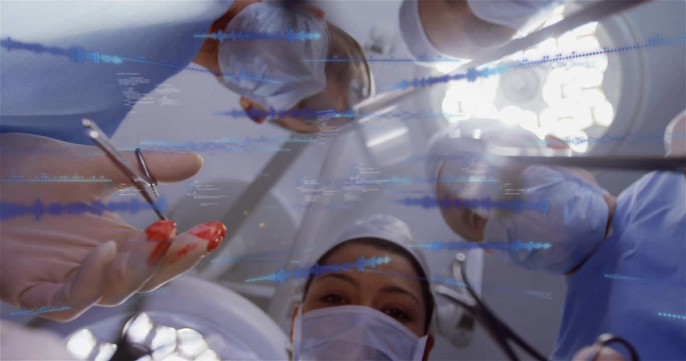 Vertical video: Surgical team leaning in OR forceps lifting tissue starting AR data guiding removal