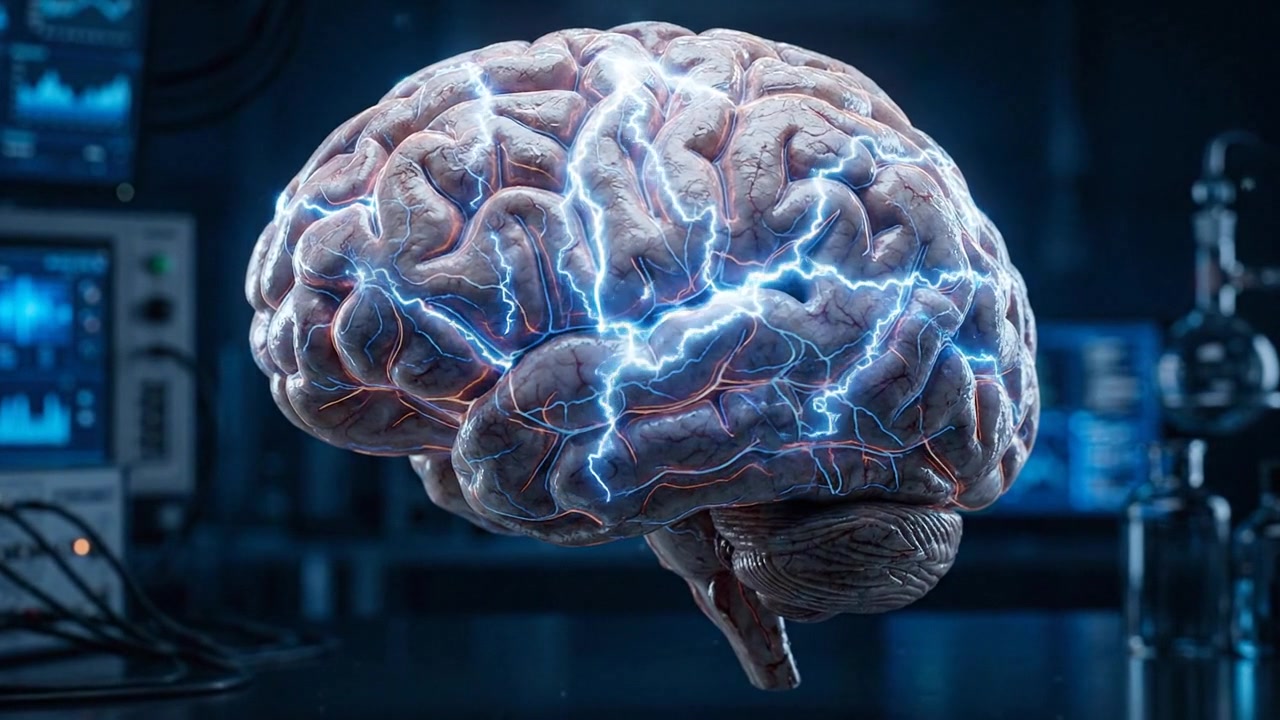 Modello di cervello umano con attività neurale in un ambiente di laboratorio