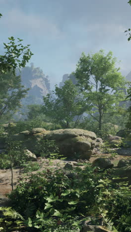 paisaje forestal sereno con rocas y montañas