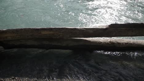 slow motion of a flowing river with rotten tree trunk lying down by the shore