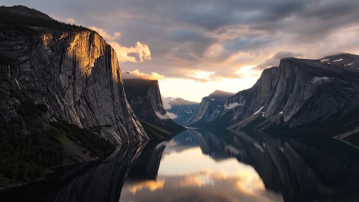 Maestose scogliere montuose che si riflettono in un lago calmo al tramonto