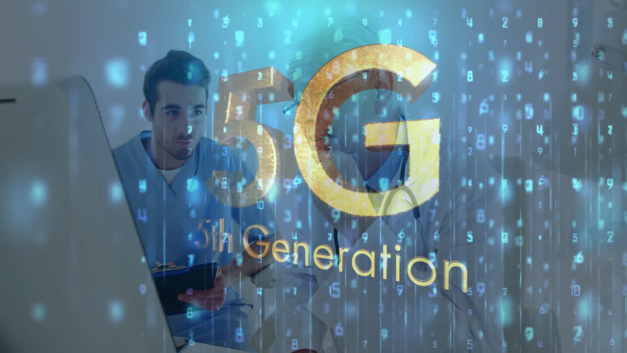 5G technology animation over healthcare professionals discussing in medical setting