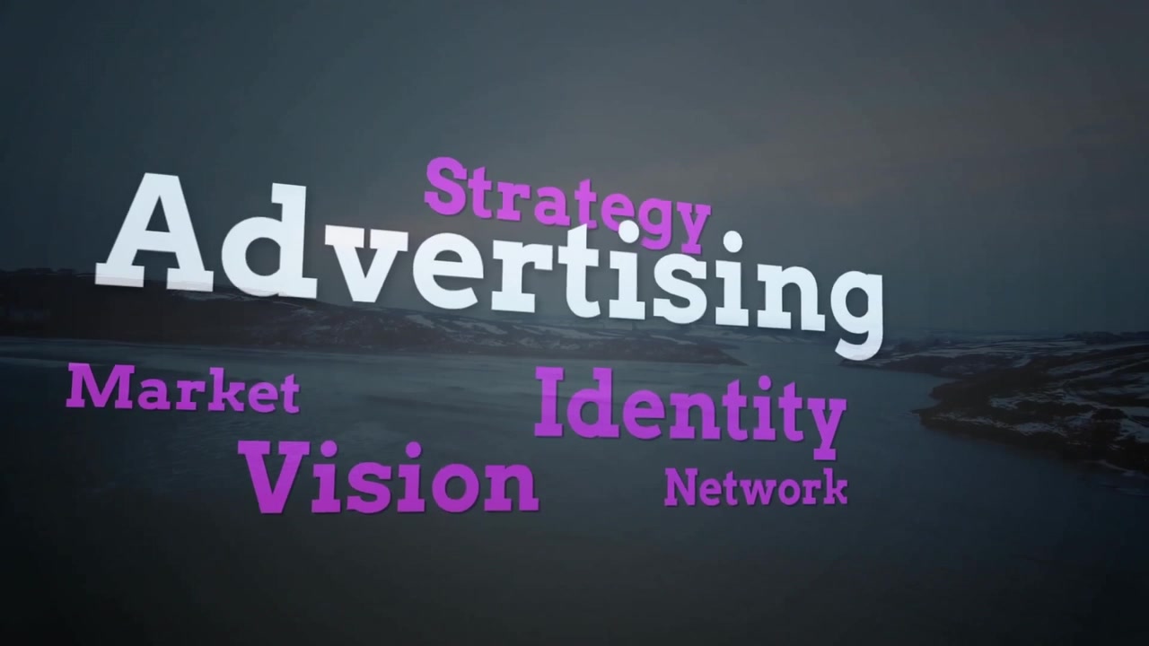 Animazione di parole di strategia di marketing visualizzate su uno sfondo di paesaggio sereno.