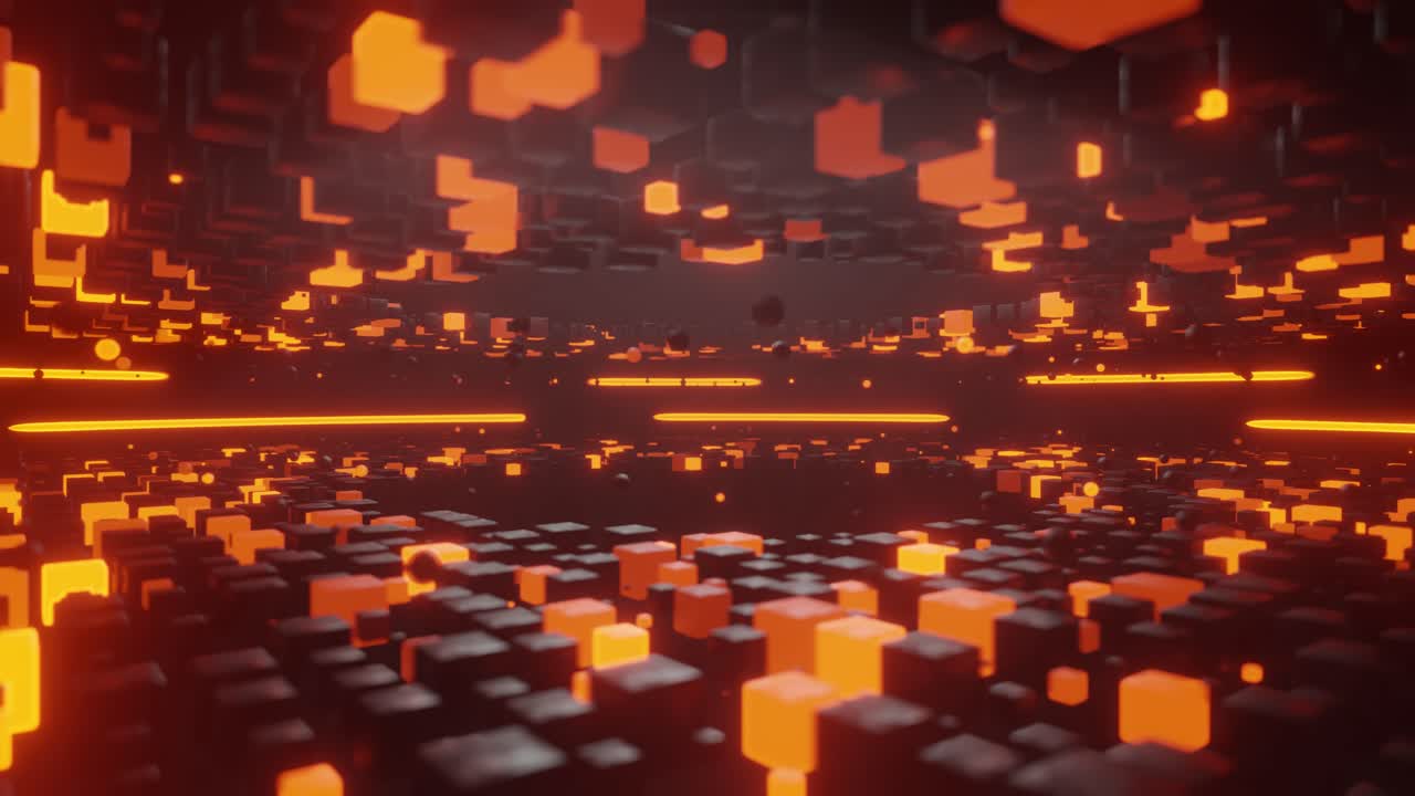 escena de ciencia ficción en 3d con cubos giratorios negros y naranjas que se iluminan intermitentemente, vibrantes y abstractos