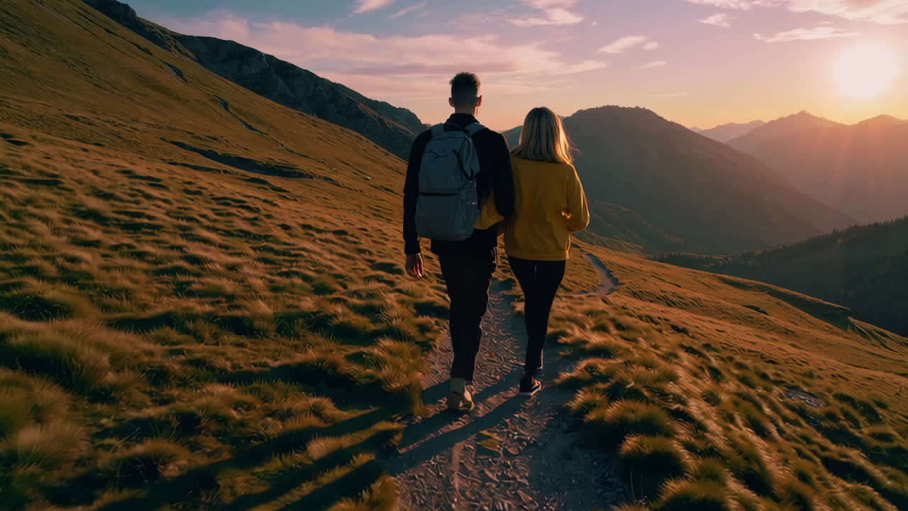 Couple Hiking in Mountains at Sunset