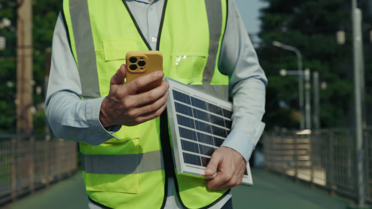 Engineer inspecting solar panel with smartphone
