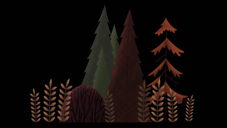 seamless loop. group of evergreen trees, grass and bushes swinging in wind. autumn orange and brown.